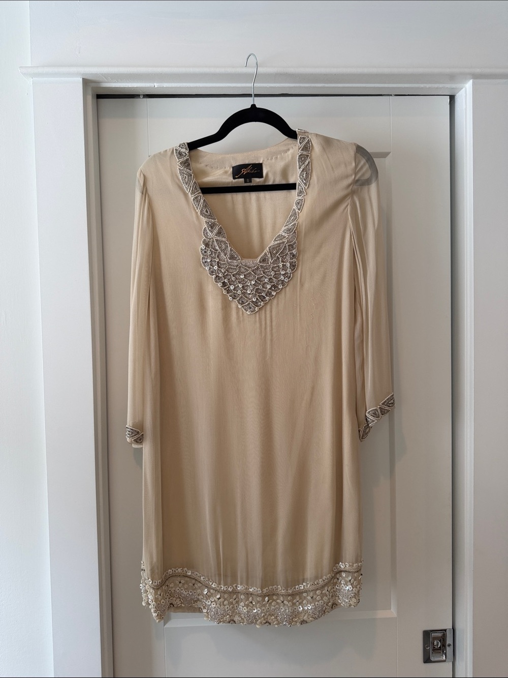 Akiko Beige Embellished V-Neck Tunic